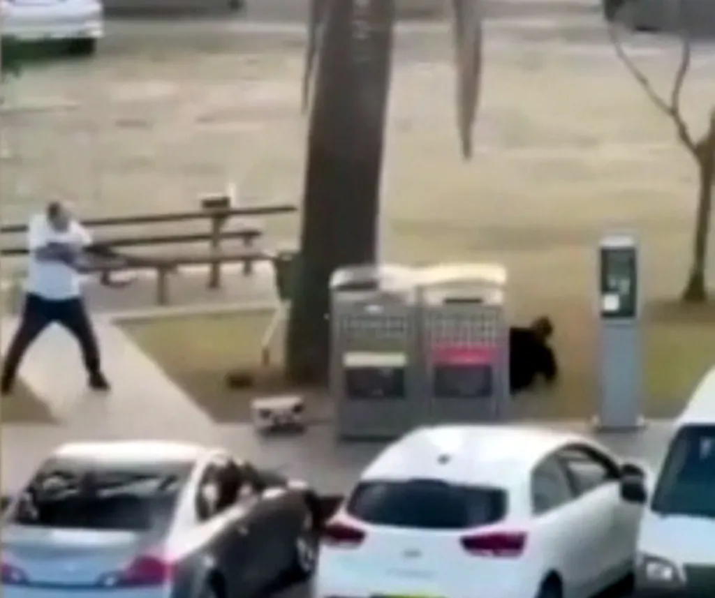 A man in a white t-shirt and dark pants holding a long object stands in a park area with cars nearby, with another person on the ground in the background.