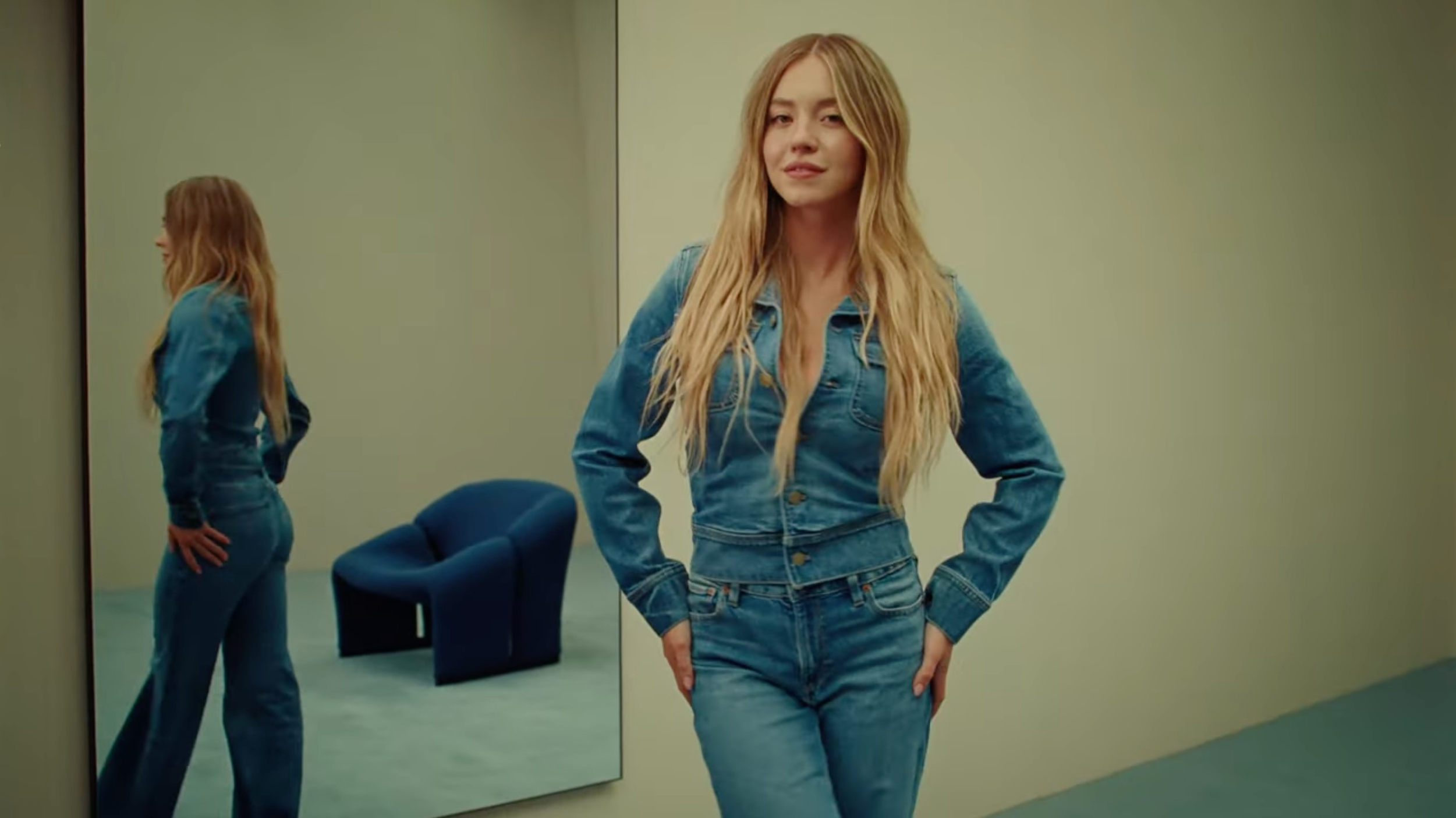 Sydney Sweeney posing in an American Eagle jeans advertisement.