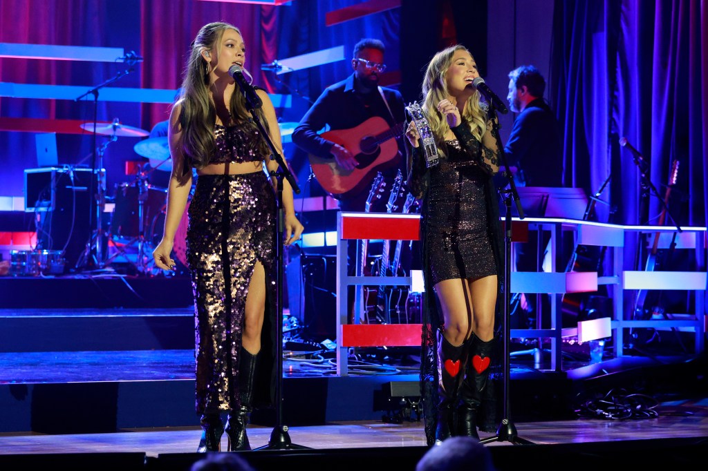 Tae Dye and Maddie Marlow perform at the Proud to Honor Concert in Nashville, Tennessee, on Nov. 7, 2025.