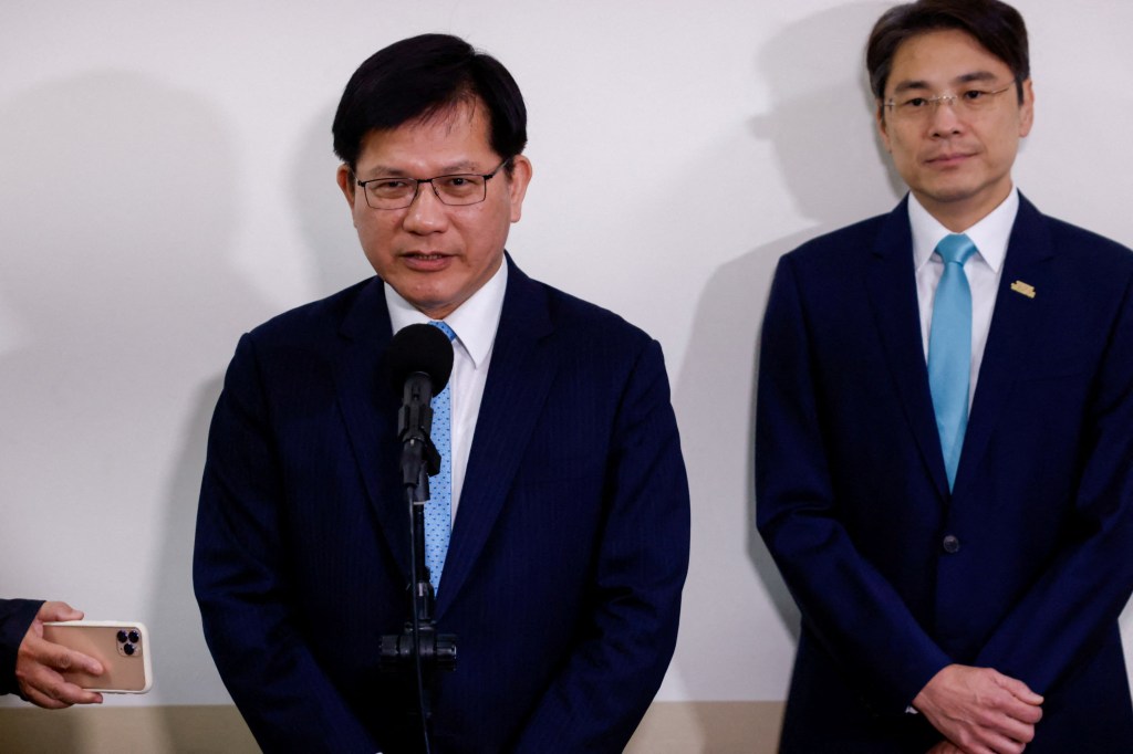 Taiwan's Foreign Minister Lin Chia-Lung speaks into a microphone at a press conference in Taipei.