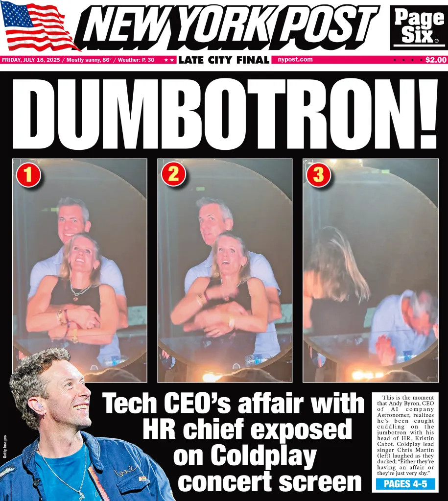 Collage of New York Post cover featuring images of an AI CEO caught on a jumbotron with HR chief, and Coldplay's Chris Martin.