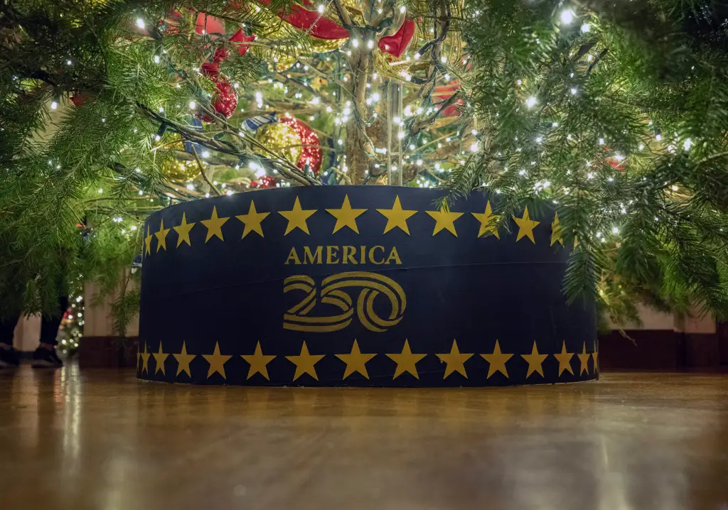 The base of the White House Christmas tree decorated for the America250 celebration.