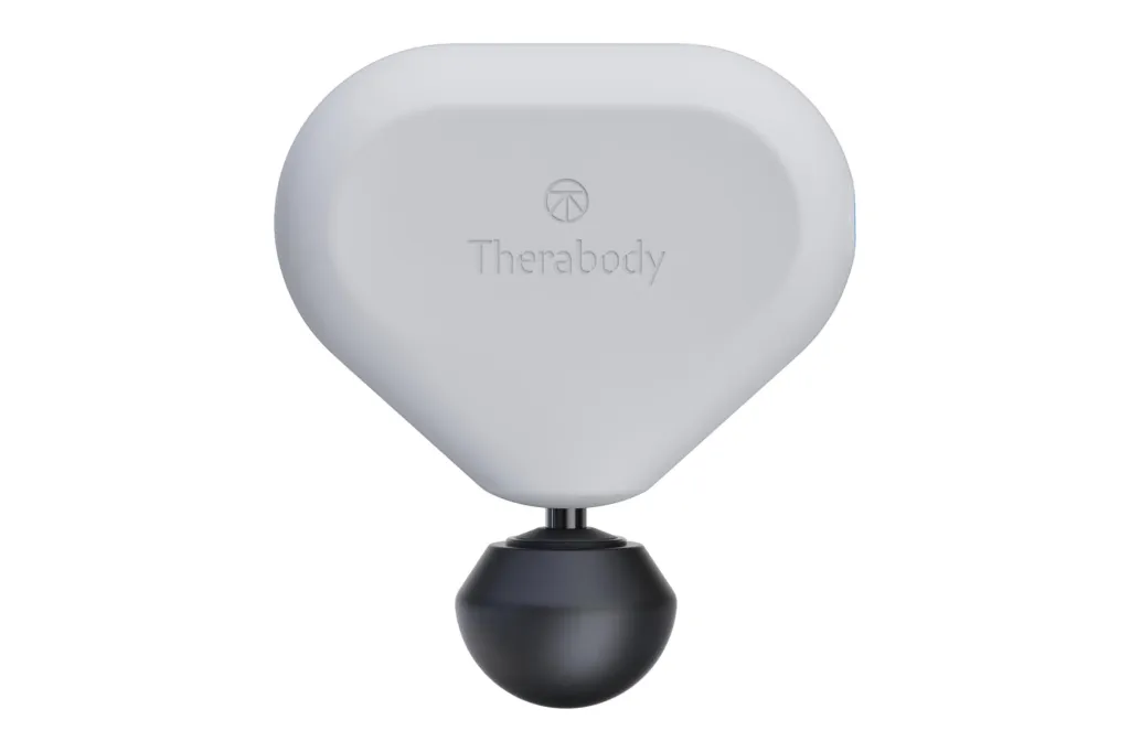 A white Theragun Mini device with a ball