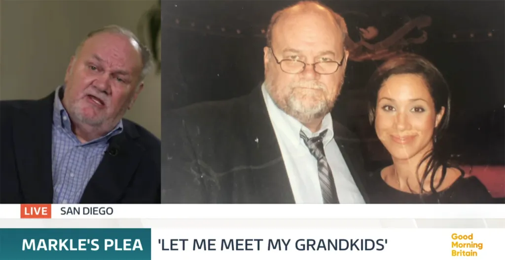 Thomas Markle on ITV's Good Morning Britain, with a photo of him and Meghan Markle.