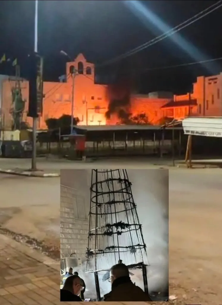 Collage of a burning building at night and a burnt Christmas tree frame.