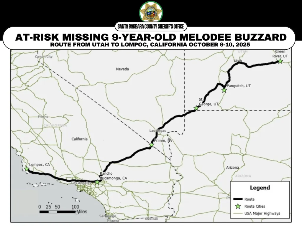Illustration of a map showing the route of Melodee Buzzard from Green River, Utah to Lompoc, California.