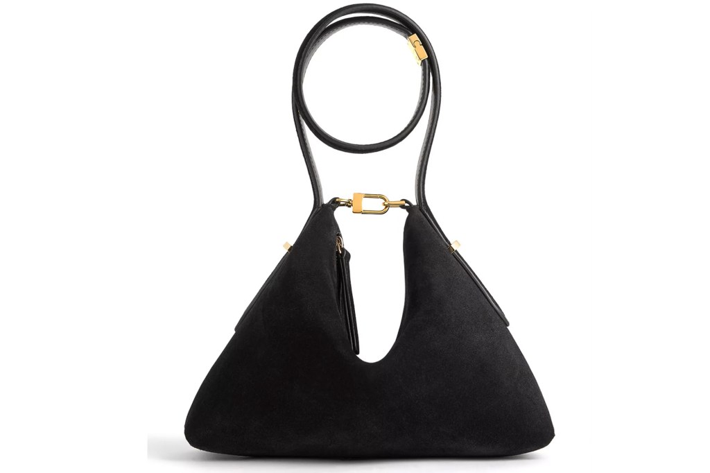 Black suede triangular bag with gold hardware.