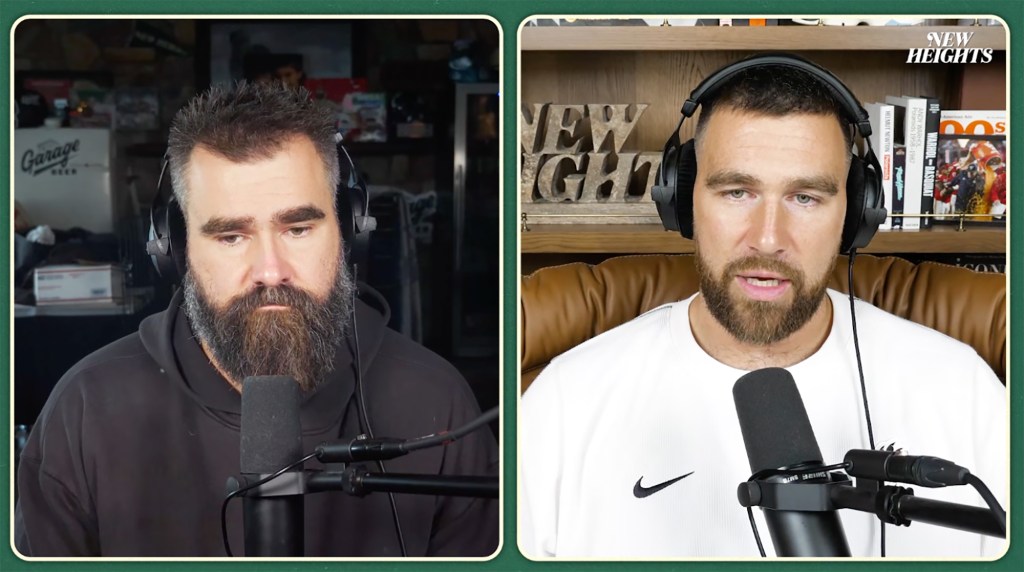 Travis Kelce and Jason Kelce hosting the New Heights Podcast.