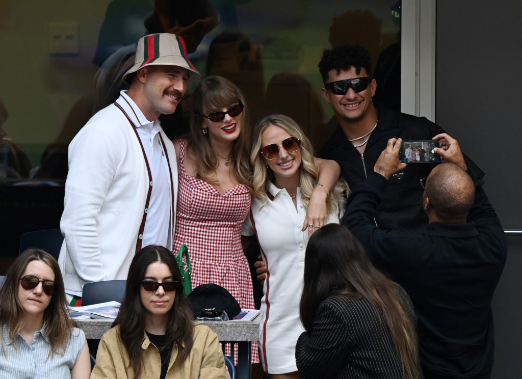 Travis Kelce, Taylor Swift, Brittany Mahomes, and Patrick Mahomes are seen at the 2024 US Open.