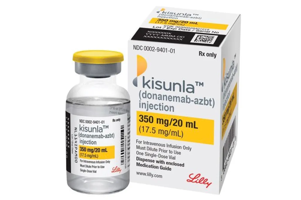 Kisunla (donanemab-azbt) injection vial and packaging, 350 mg/20 mL.