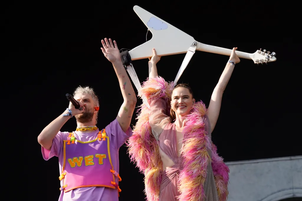 Tucker Halpern and Sophie Hawley-Weld of SOFI TUKKER performing at Lollapalooza Music Festival.
