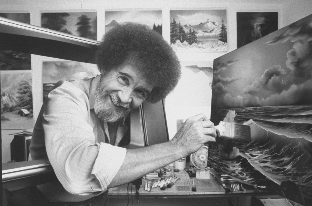 Bob Ross in his painting studio at home