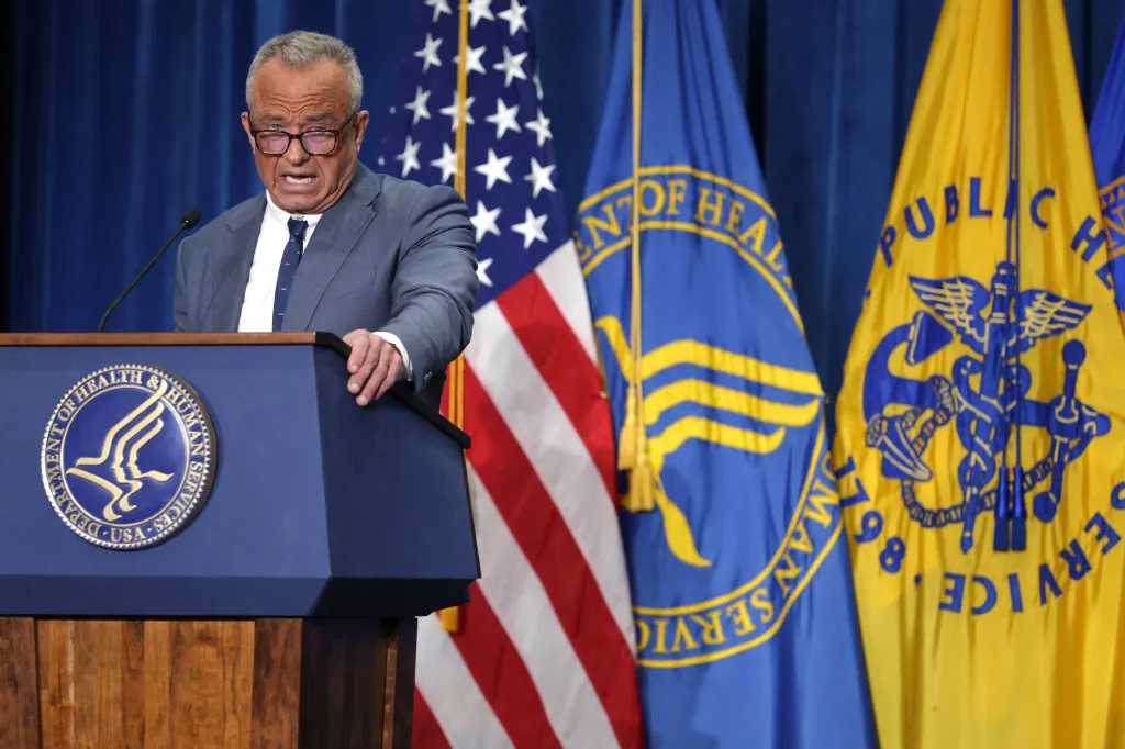 Robert F. Kennedy Jr. speaks at a press conference on protecting children from harmful medical interventions.