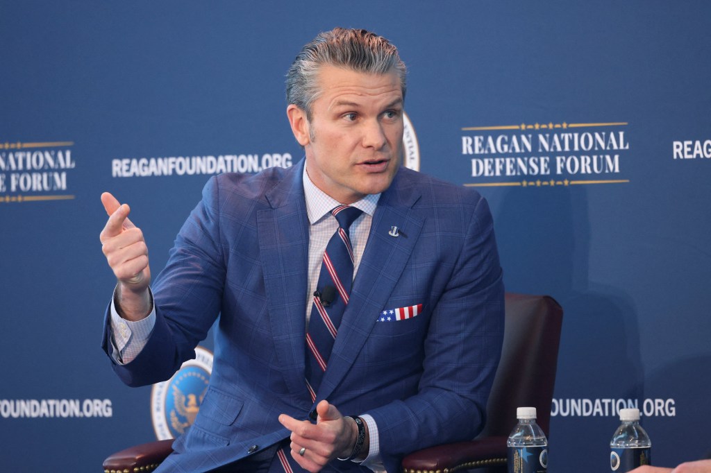 U.S. Secretary of Defense Pete Hegseth speaks during the Reagan National Defense Forum.