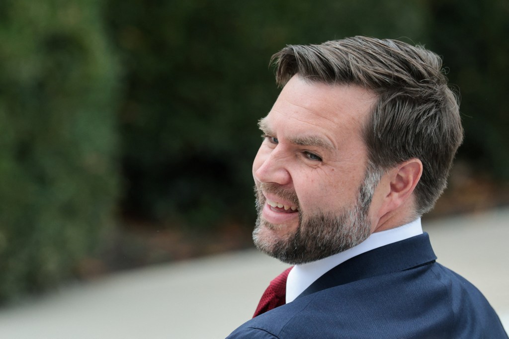 U.S. Vice President JD Vance smiling at the annual Thanksgiving turkey pardoning ceremony.