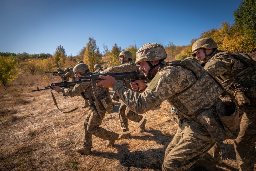 Ukrainian soldiers of the 66th Brigade attend a training combat exercise in Donetsk region, Ukraine.
