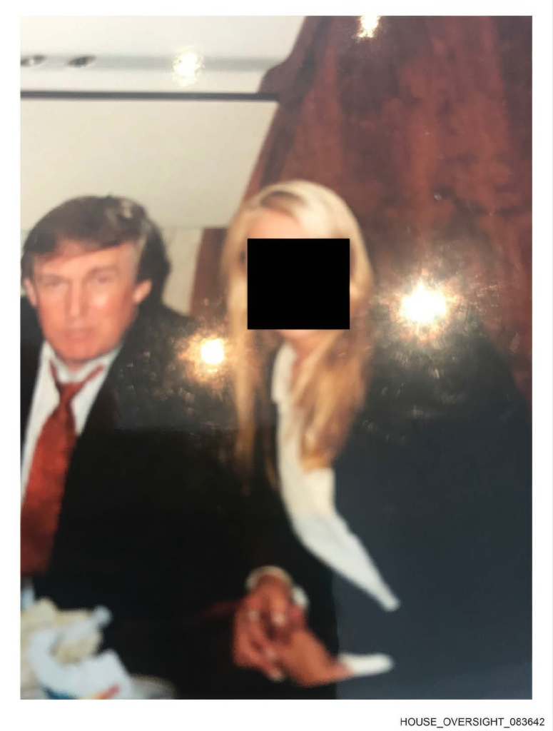 A redacted photo showing Donald Trump with an unidentified woman.