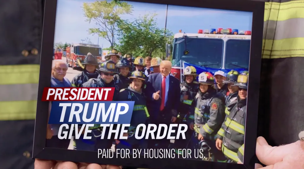 Photo of President Trump with firefighters and a fire truck, with