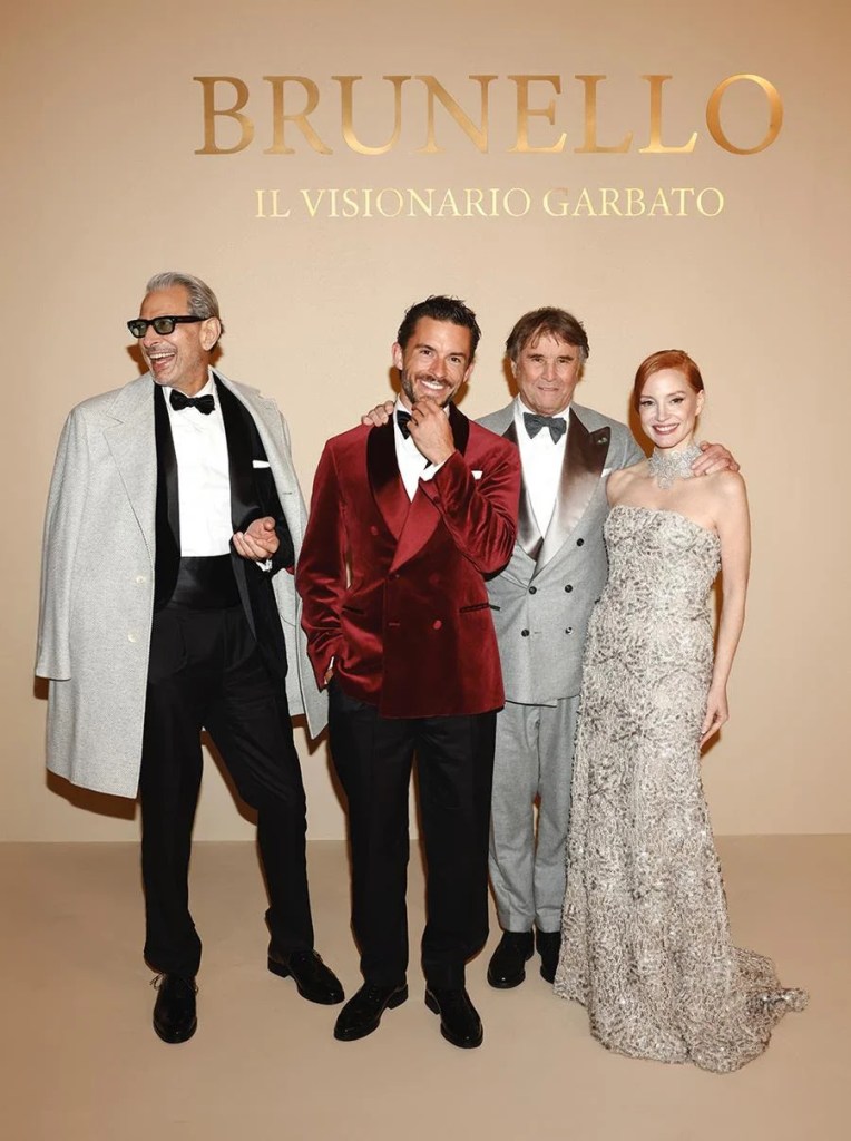 Jeff Goldblum, Jonathan Bailey, Brunello Cucinelli and Jessica Chastain attend the world premiere of Brunello: The Gracious Visionary Dec. 4, 2025. Source: Brunello Cucinelli