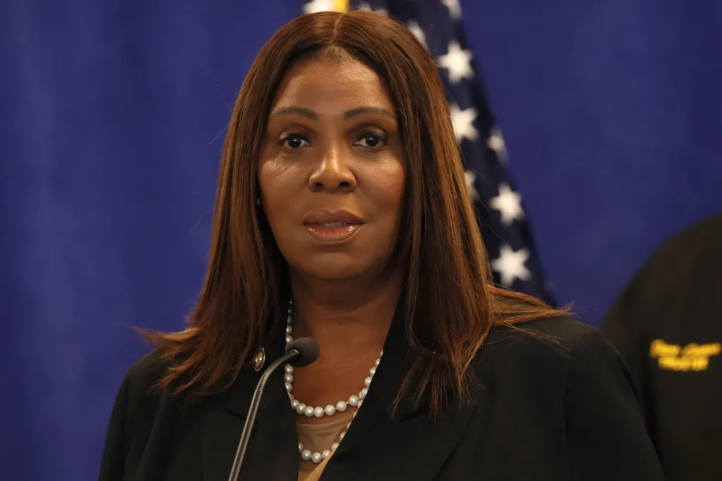 New York Attorney General Letitia James speaking at a press conference.