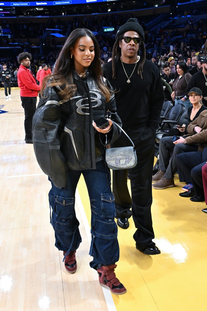 Jay-Z and Blue Ivy Carter at a Los Angeles Lakers game.