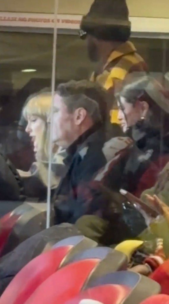 Taylor Swift and others in a box suite at a Chiefs game.