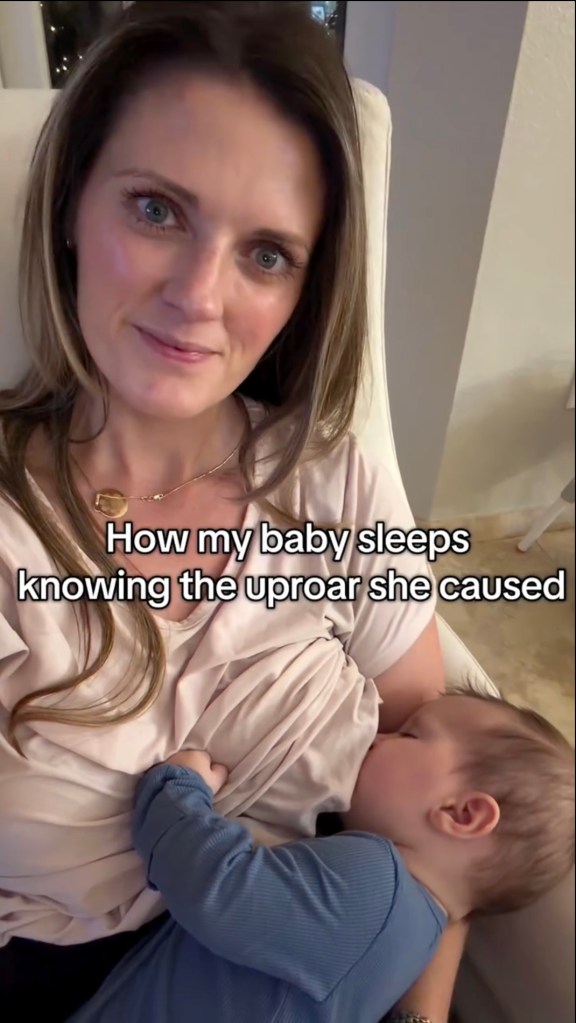 A mother holding her sleeping baby who is wearing a blue outfit, with text overlay,