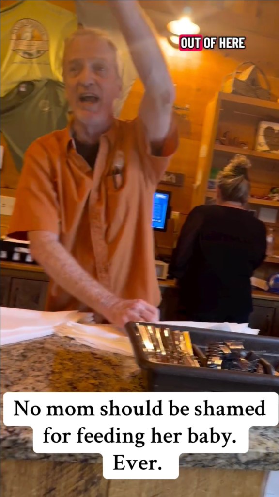 A restaurant employee shouts, with a second employee in the background, with text overlay