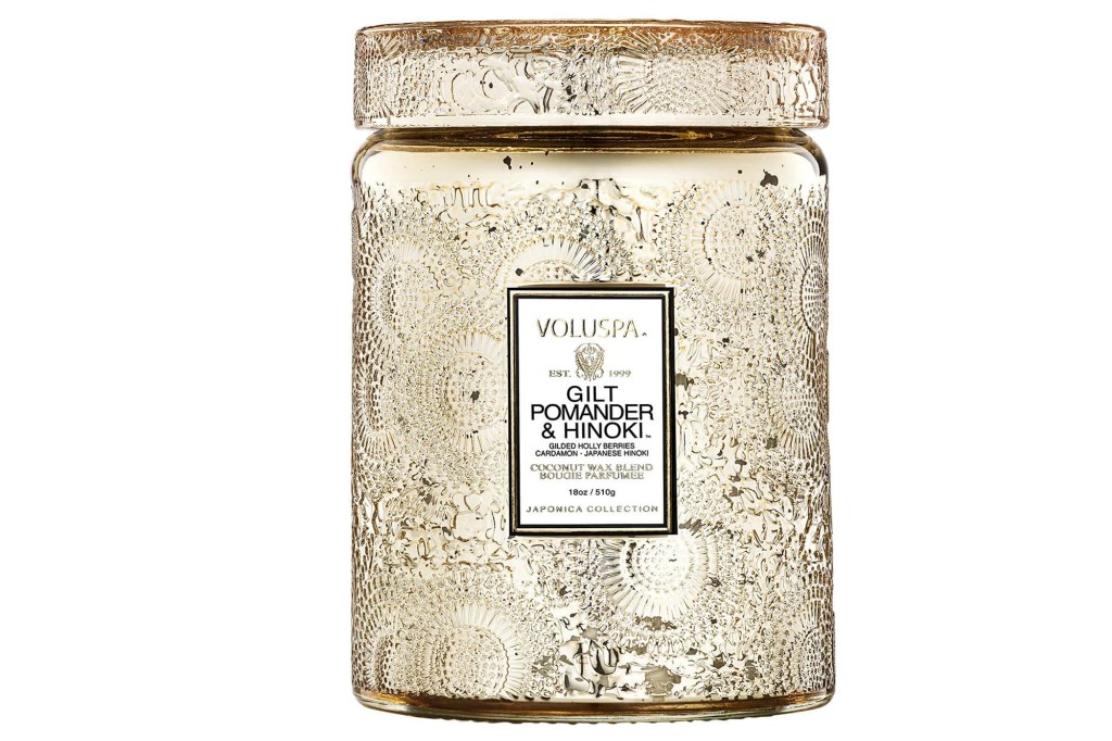 Voluspa Gilt Pomander & Hinoki candle, an 18oz coconut wax blend in an ornate gold-mercury glass jar.
