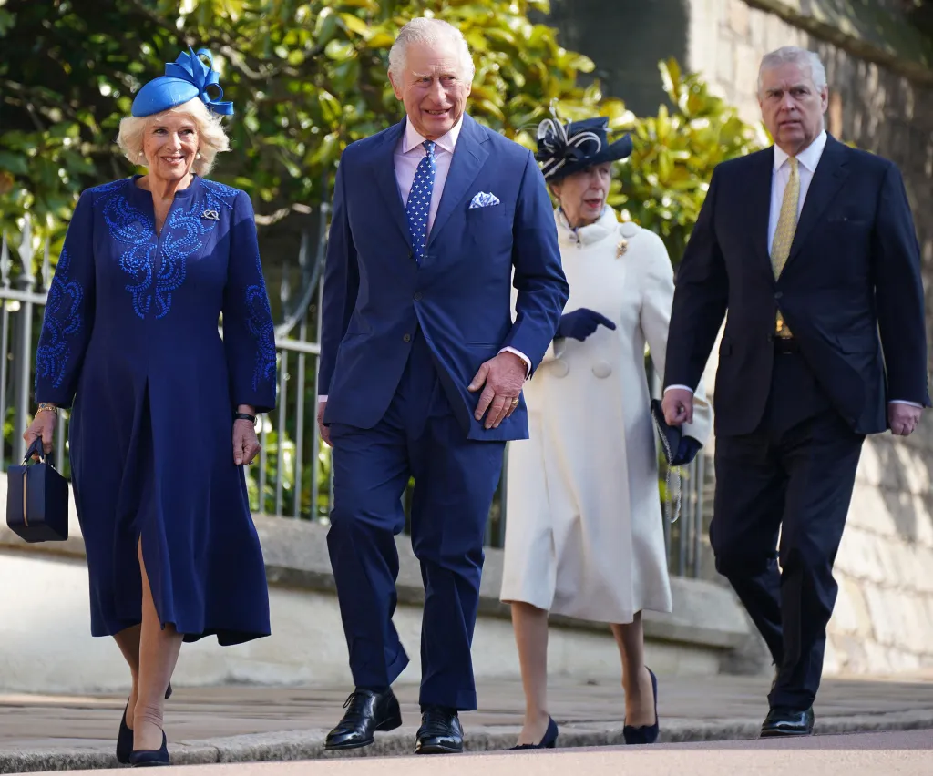 Britain's King Charles III, Queen Consort Camilla, Princess Anne, and Prince Andrew arrive for the Easter Mattins Service.