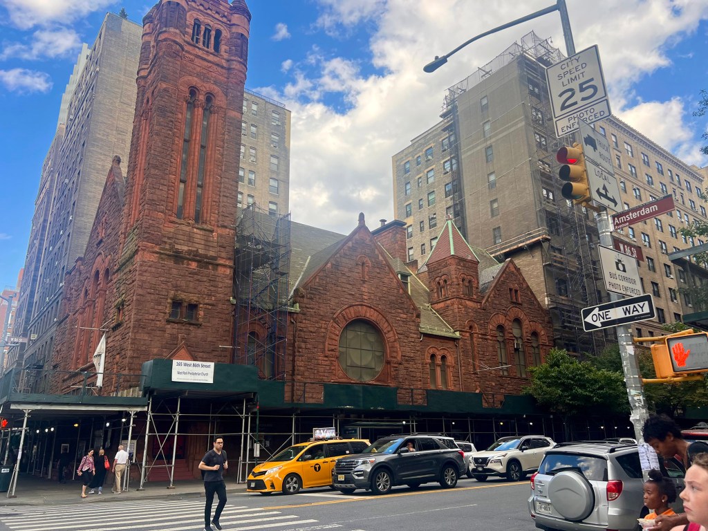 West Park Presbyterian Church with scaffolding on West 86th Street in New York City.