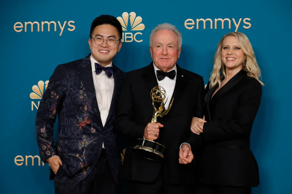 Lorne Michaels, Bowen Yang, and Kate McKinnon in the press room after winning the Emmy for Outstanding Variety Sketch Series.