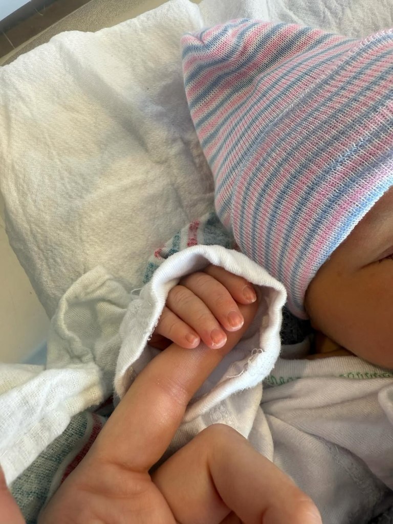 Baby's hand holding an adult's finger.