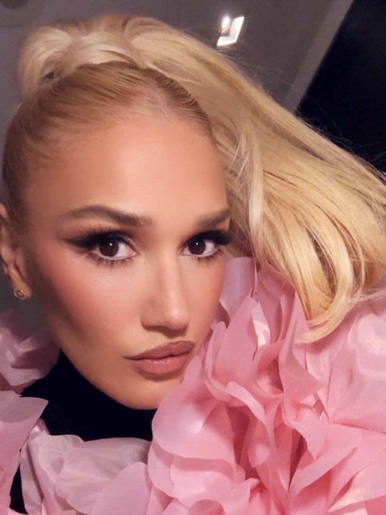 Gwen Stefani in a pink ruffled top.