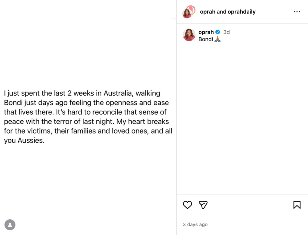 Oprah's Instagram post sharing her heartbreak for victims and families after a terror attack.