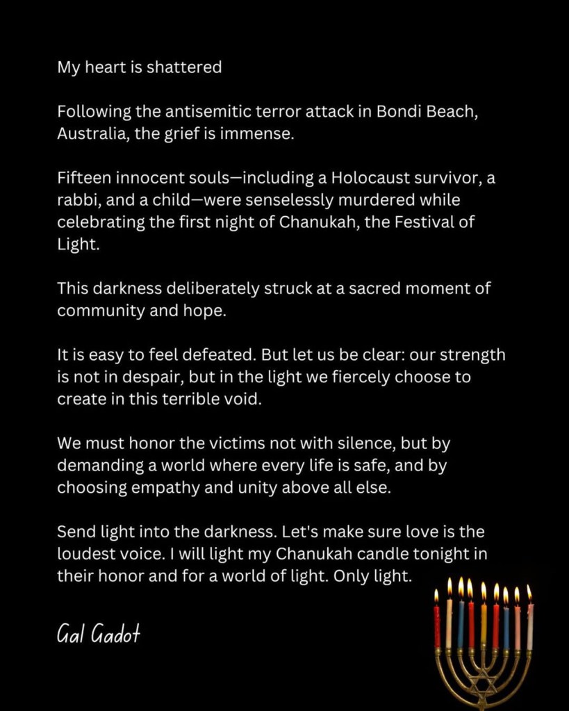 Gal Gadot's statement on the antisemitic terror attack in Bondi Beach, Australia, with a lit menorah.