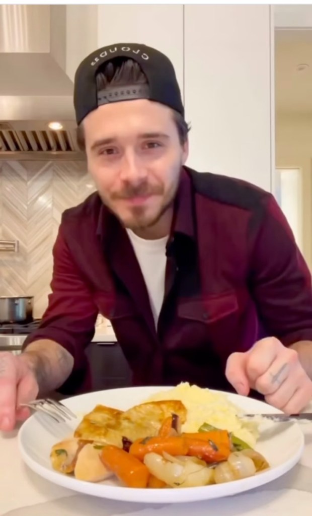 Brooklyn Beckham cooking a roast.