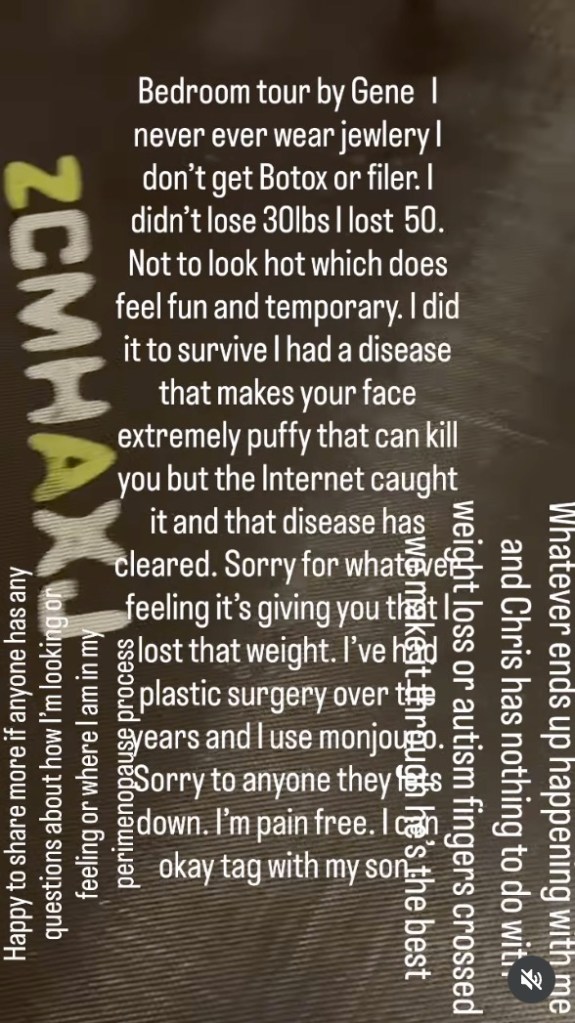 Amy Schumer's Instagram post denying cosmetic procedures for weight loss, attributing it to a disease and plastic surgery, and mentioning her son and husband.
