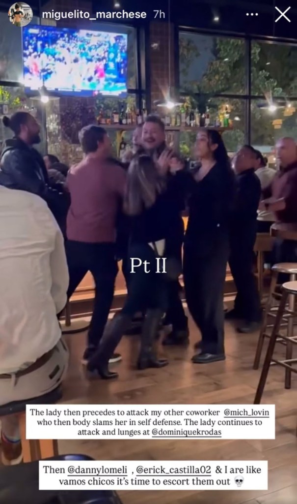 People fighting in a bar, with text