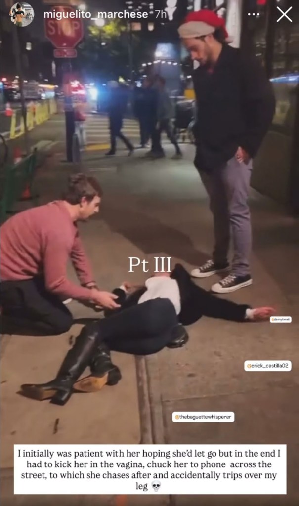 Two men standing over a woman lying on the ground, with a caption describing a physical altercation.