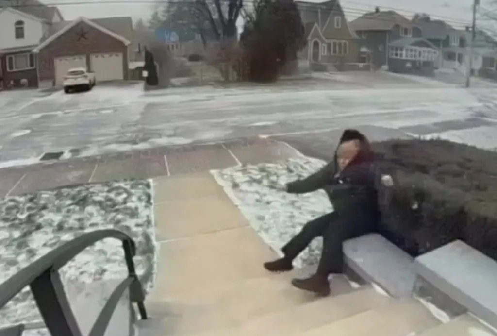 A person being blown over by strong wind while sitting on outdoor steps covered in snow.
