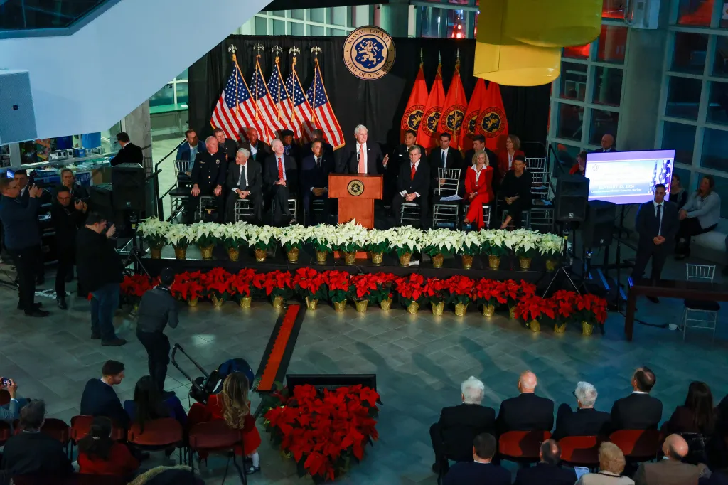 Nassau County Executive Bruce Blakeman delivering a speech at the Cradle of Aviation Museum.