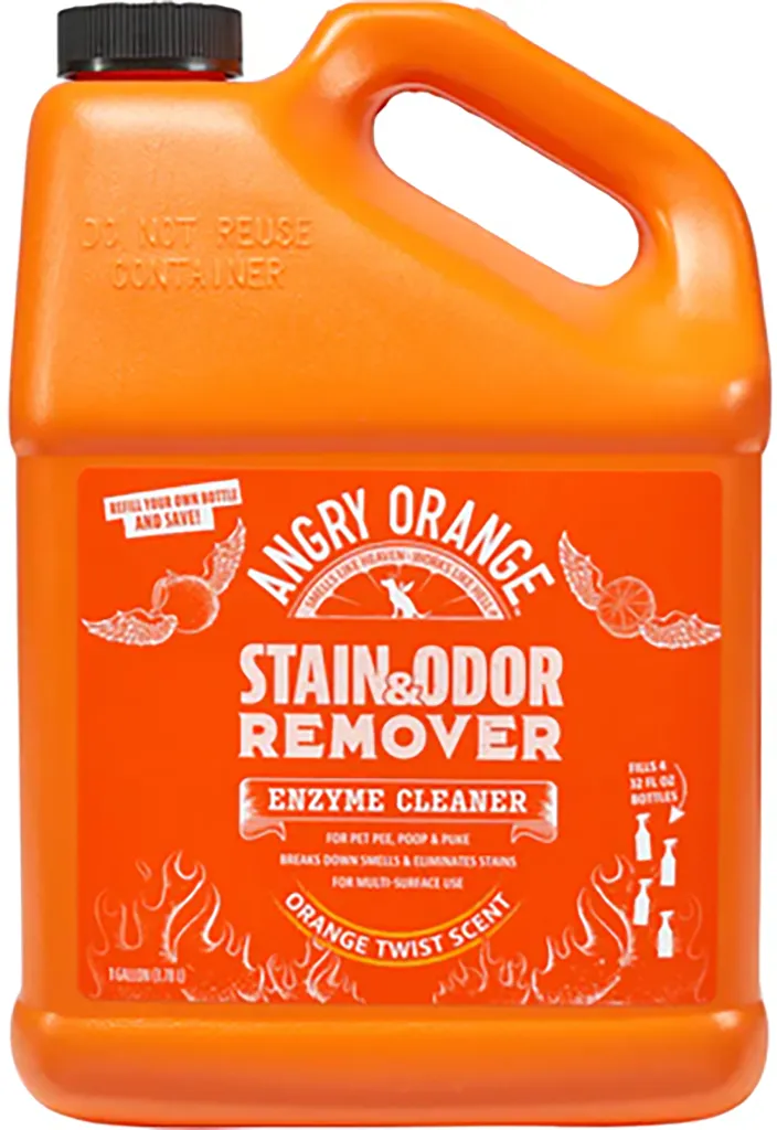 A gallon-sized container of Angry Orange Stain & Odor Remover.