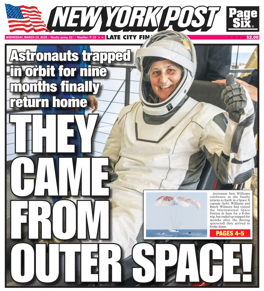 The New York Post front cover featuring Williams on March 19, 2025.