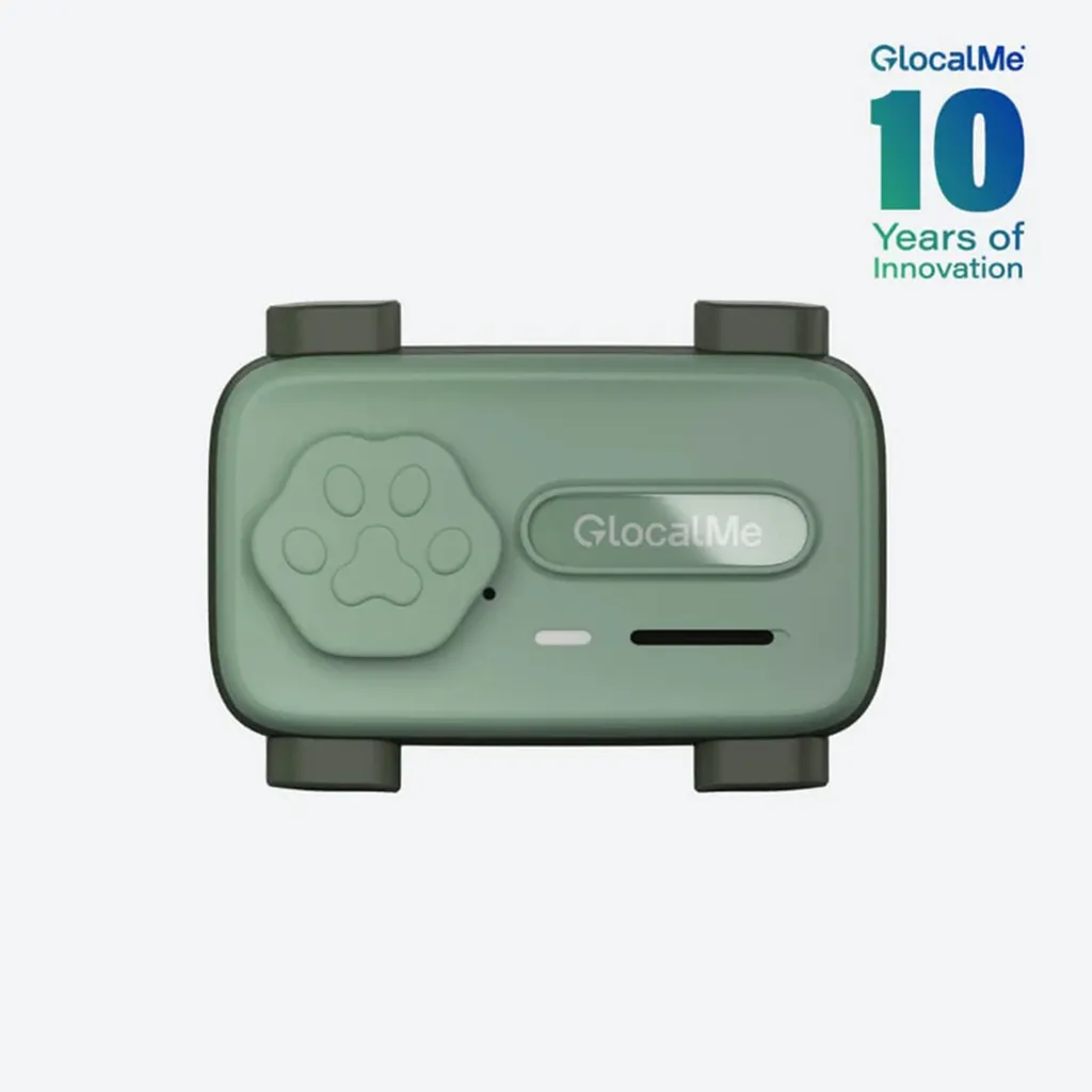 A green GlocalMe device with a paw print button, text 