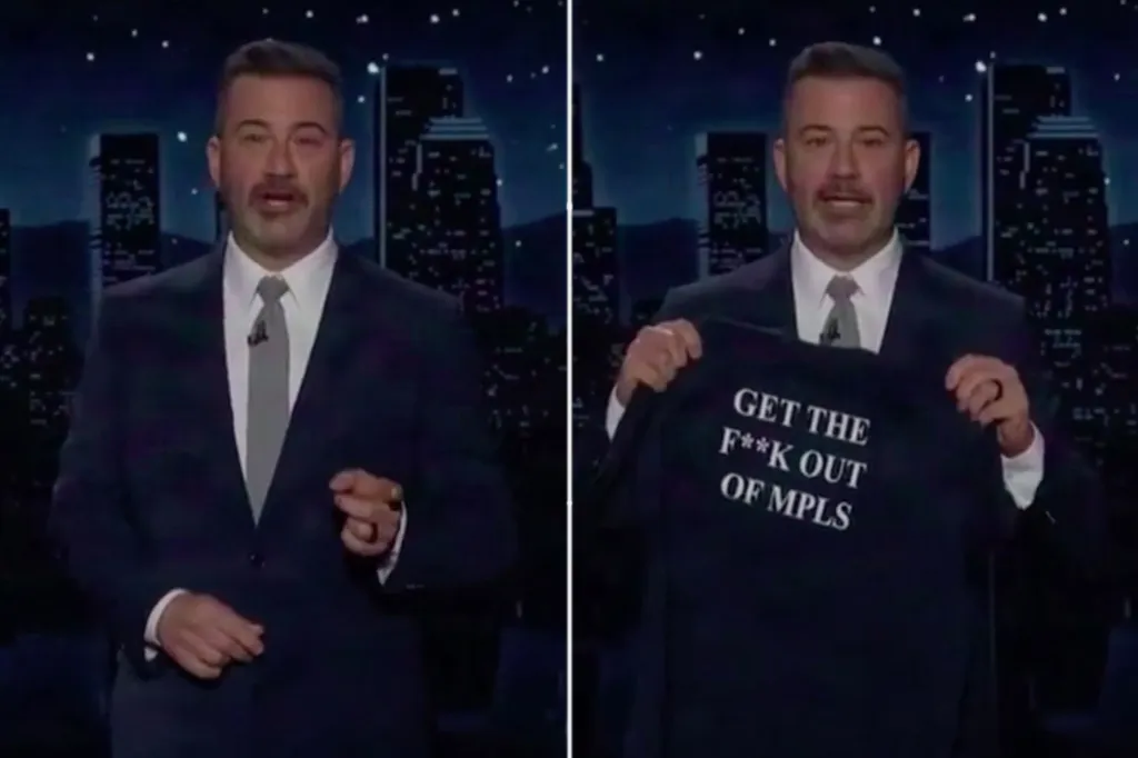 Jimmy Kimmel holding up a shirt that reads,
