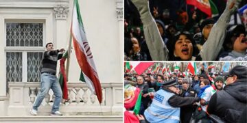 Protester scales Iranian Embassy in London, tears down regime flag, hoists pre-revolution symbol