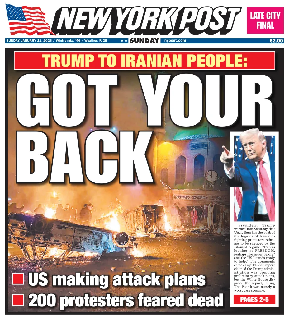 The New York Post front cover for Jan. 11, 2026.