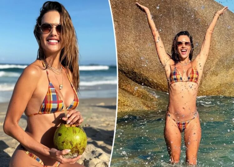 Alessandra Ambrosio soaks up the sun in teeny plaid bikini during Brazilian getaway