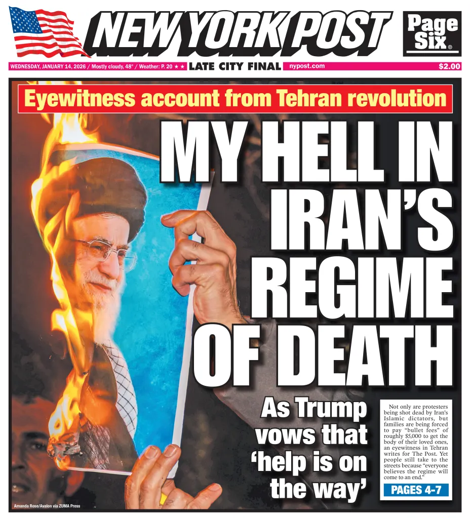 The New York Post front cover for Jan. 14, 2026.